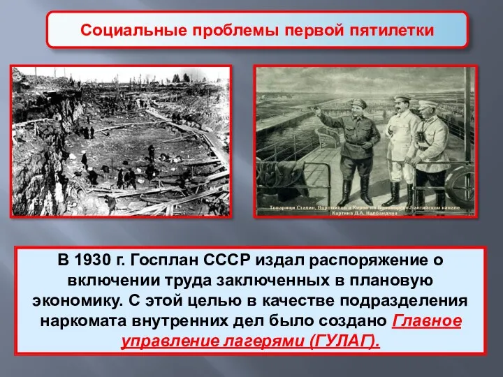 Социальные проблемы первой пятилетки В 1930 г. Госплан СССР издал распоряжение о включении