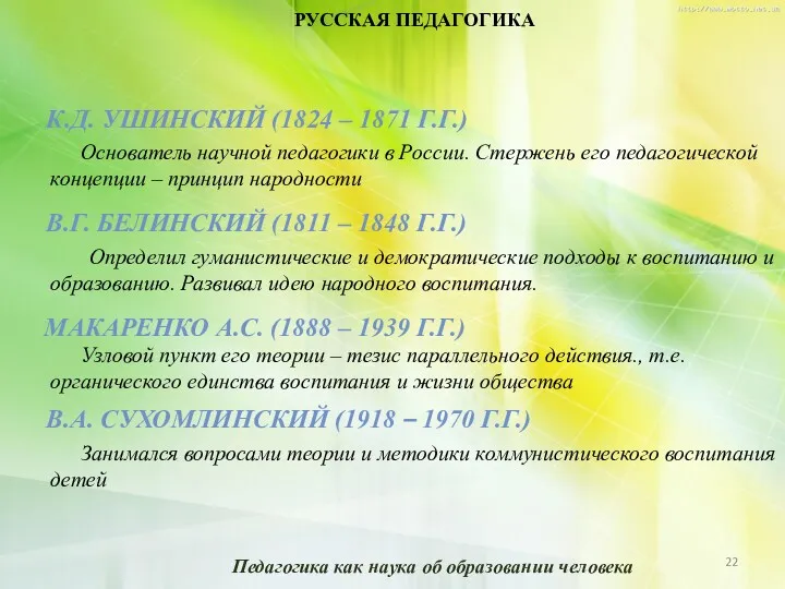 РУССКАЯ ПЕДАГОГИКА К.Д. УШИНСКИЙ (1824 – 1871 Г.Г.) Основатель научной