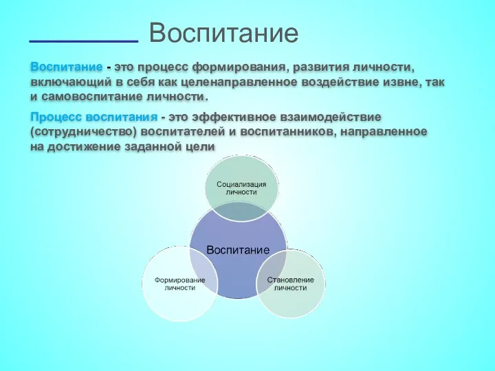 Воспитание Воспитание - это процесс формирования, развития личности, включающий в