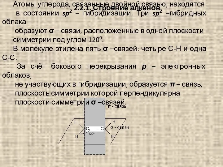 2.2.1. Строение алкенов Атомы углерода, связанные двойной связью, находятся в