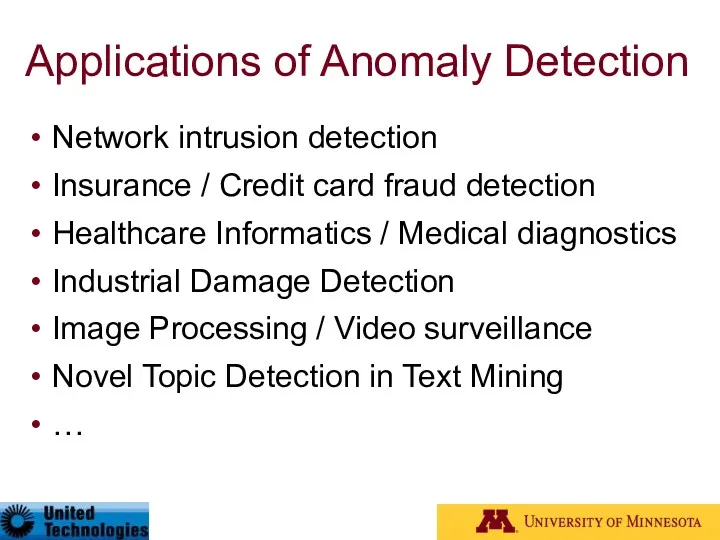 Applications of Anomaly Detection Network intrusion detection Insurance / Credit