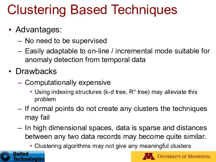 Clustering Based Techniques Advantages: No need to be supervised Easily