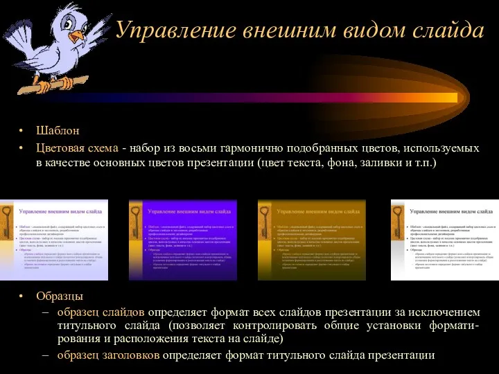 Управление внешним видом слайда Шаблон Цветовая схема - набор из восьми гармонично подобранных