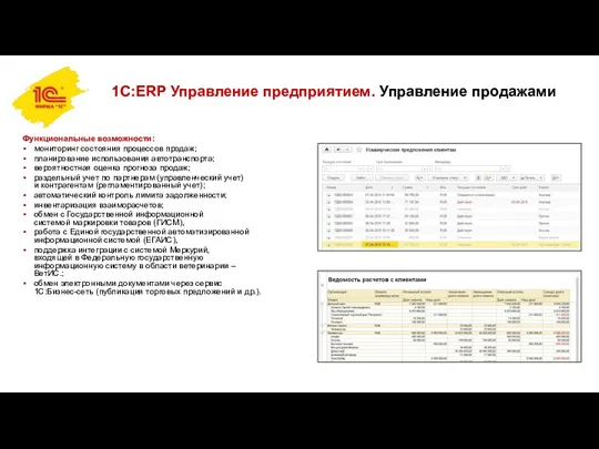 Функциональные возможности: мониторинг состояния процессов продаж; планирование использования автотранспорта; вероятностная оценка прогноза продаж;