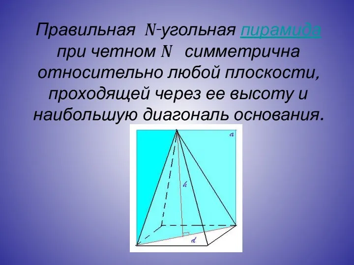 Правильная n-угольная пирамида при четном n симметрична относительно любой плоскости,