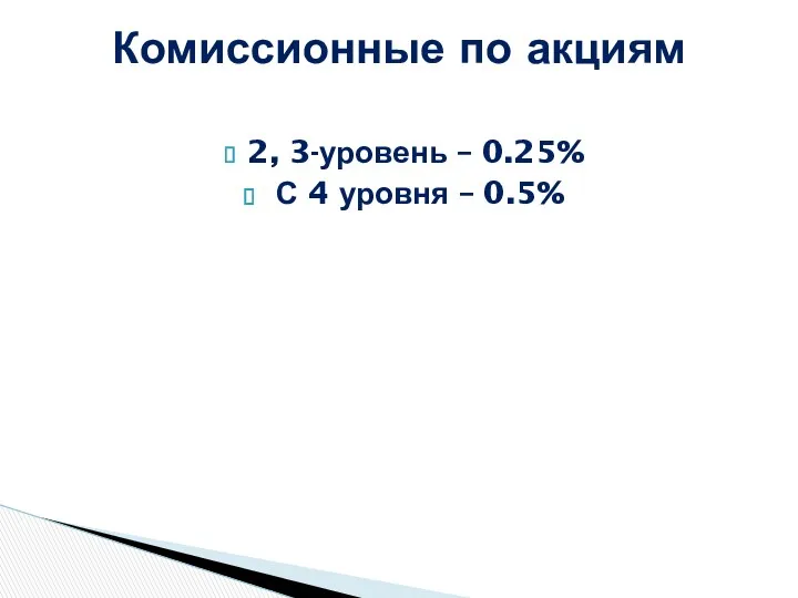 2, 3-уровень – 0.25% С 4 уровня – 0.5% Комиссионные по акциям