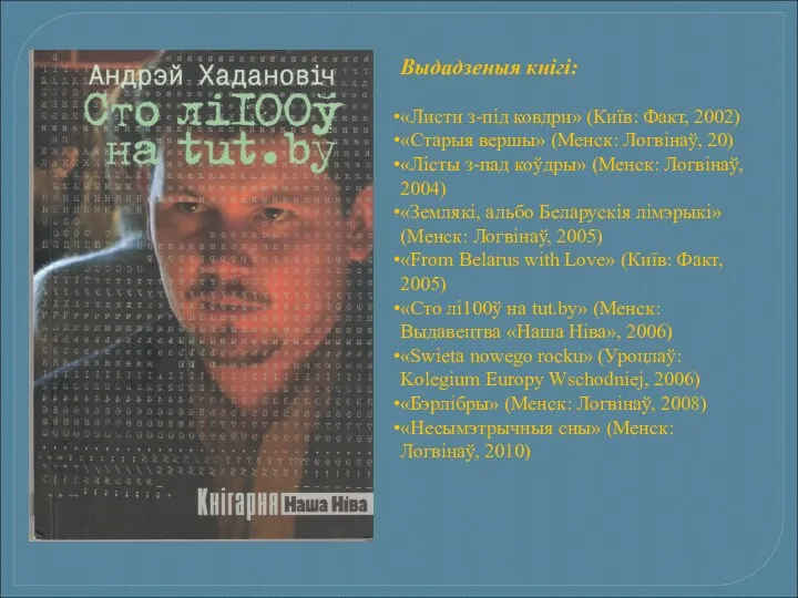 Выдадзеныя кнігі: «Листи з-під ковдри» (Київ: Факт, 2002) «Старыя вершы»
