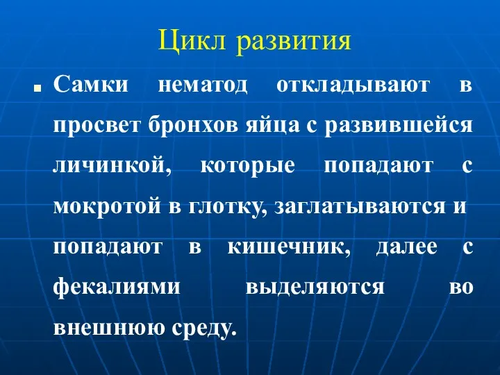 Цикл развития Самки нематод откладывают в просвет бронхов яйца с развившейся личинкой, которые