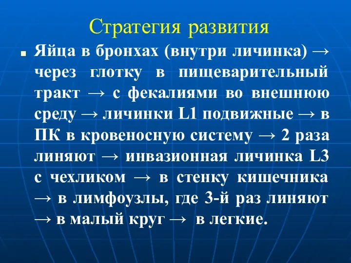 Стратегия развития Яйца в бронхах (внутри личинка) → через глотку в пищеварительный тракт