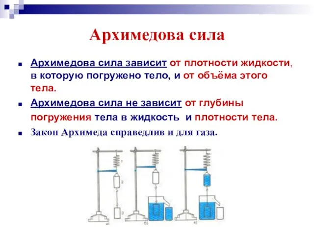 Архимедова сила Архимедова сила зависит от плотности жидкости, в которую