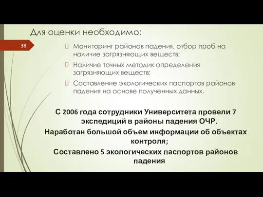 Мониторинг районов падения, отбор проб на наличие загрязняющих веществ; Наличие