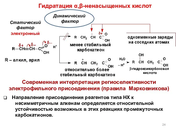 Статический фактор электронный Направление присоединения реагентов типа НХ к несимметричным