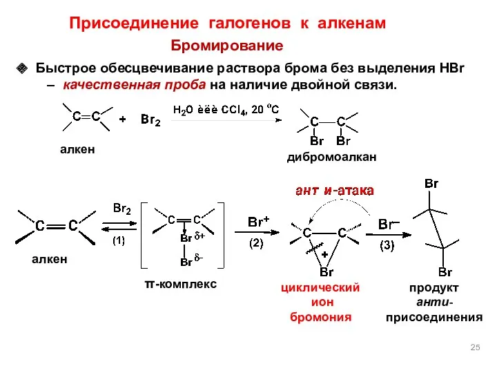 Быстрое обесцвечивание раствора брома без выделения HBr – качественная проба