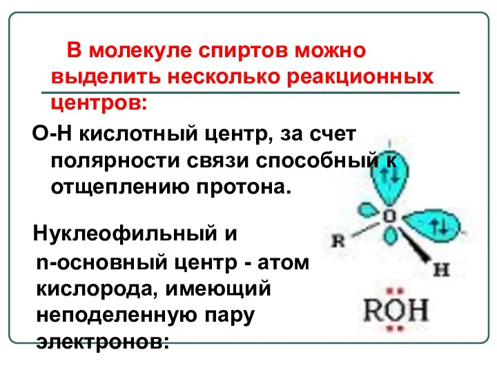 В молекуле спиртов можно выделить несколько реакционных центров: О-Н кислотный