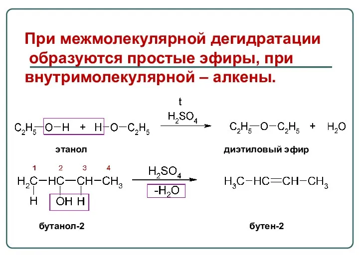 При межмолекулярной дегидратации образуются простые эфиры, при внутримолекулярной – алкены. бутанол-2 бутен-2 этанол диэтиловый эфир