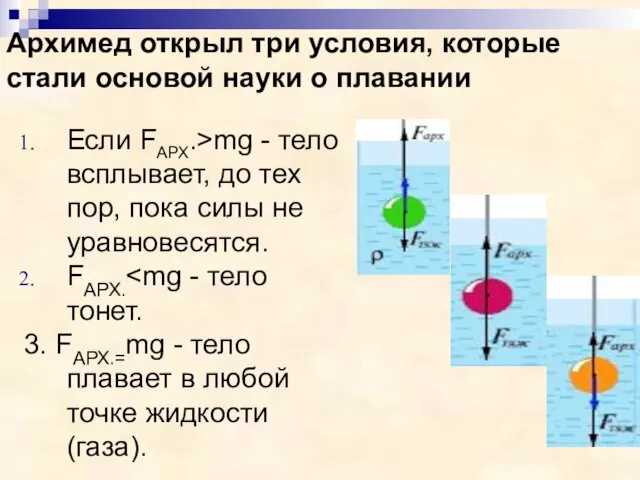 Архимед открыл три условия, которые стали основой науки о плавании