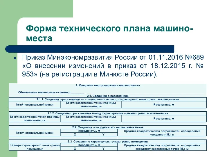 Форма технического плана машино-места Приказ Минэкономразвития России от 01.11.2016 №689