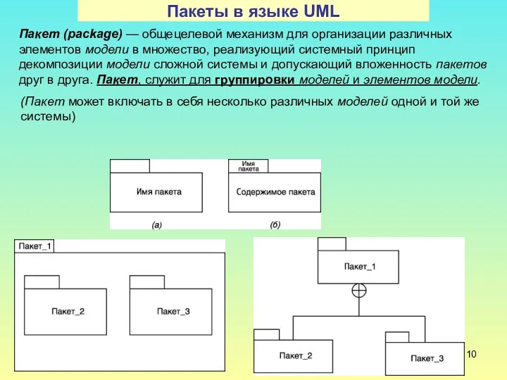 Пакеты в языке UML Пакет (package) — общецелевой механизм для