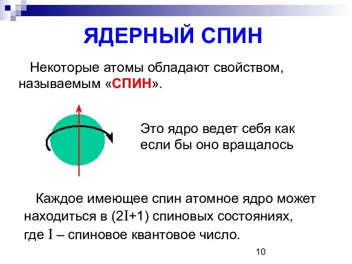 ЯДЕРНЫЙ СПИН Некоторые атомы обладают свойством, называемым «СПИН». Каждое имеющее