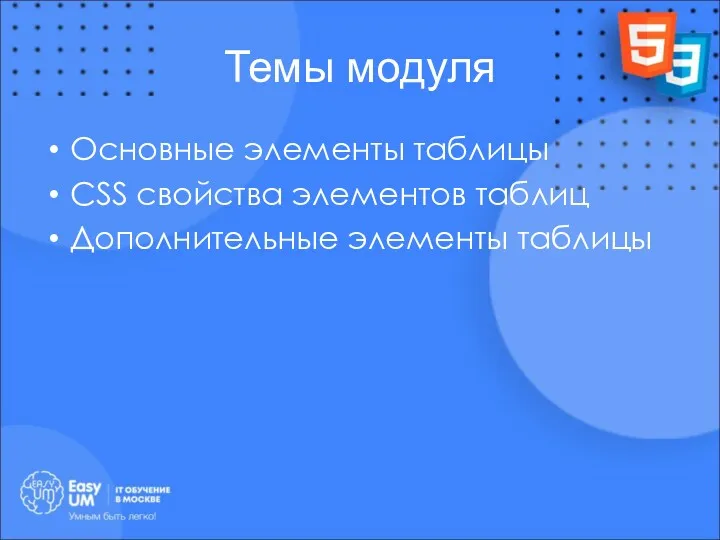 Темы модуля Основные элементы таблицы CSS свойства элементов таблиц Дополнительные элементы таблицы