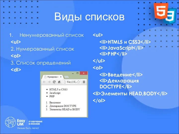 Виды списков Ненумерованный список 2. Нумерованный список 3. Список определений