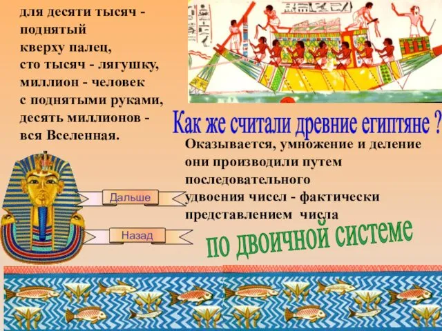 Оказывается, умножение и деление они производили путем последовательного удвоения чисел - фактически представлением