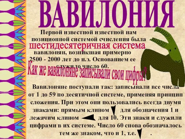 ВАВИЛОНИЯ Первой известной известной нам позиционной системой счисления была Вавилоняне поступали так: записывали