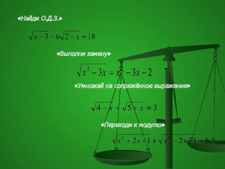 «Найди О.Д.З.» «Выполни замену» «Умножай на сопряжённое выражение» «Переходи к модулю»