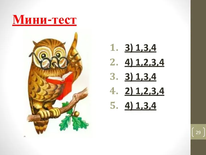 Мини-тест 3) 1,3,4 4) 1,2,3,4 3) 1,3,4 2) 1,2,3,4 4) 1,3,4