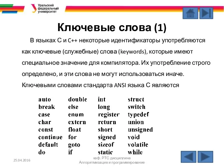 Ключевые слова (1) В языках С и C++ некоторые идентификаторы