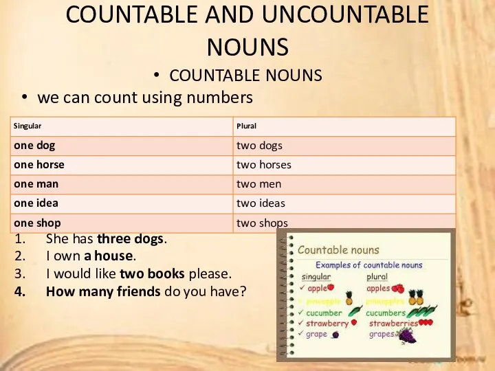 COUNTABLE AND UNCOUNTABLE NOUNS COUNTABLE NOUNS we can count using