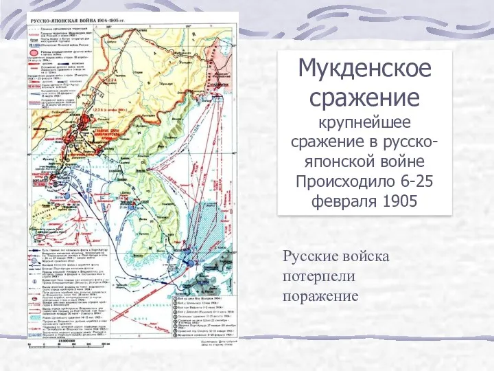 Мукденское сражение крупнейшее сражение в русско-японской войне Происходило 6-25 февраля 1905 Русские войска потерпели поражение