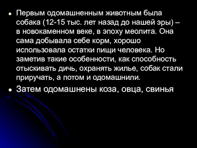 Первым одомашненным животным была собака (12-15 тыс. лет назад до