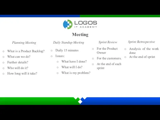 Meeting Planning Meeting What is a Product Backlog? What can