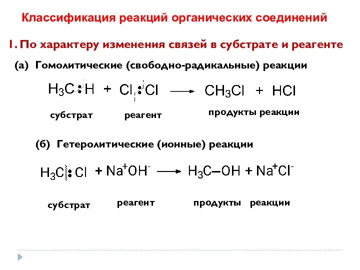 (а) Гомолитические (свободно-радикальные) реакции (б) Гетеролитические (ионные) реакции субстрат реагент
