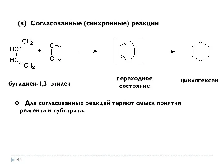 (в) Согласованные (синхронные) реакции бутадиен-1,3 циклогексен переходное состояние Для согласованных