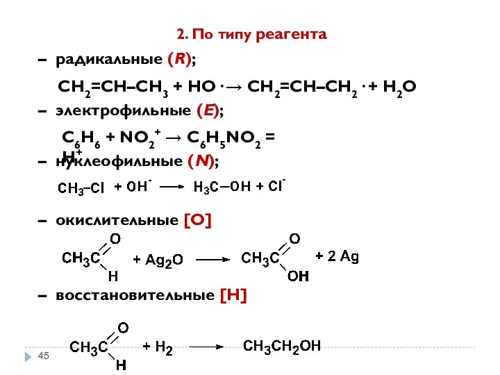 – нуклеофильные (N); 2. По типу реагента – радикальные (R);