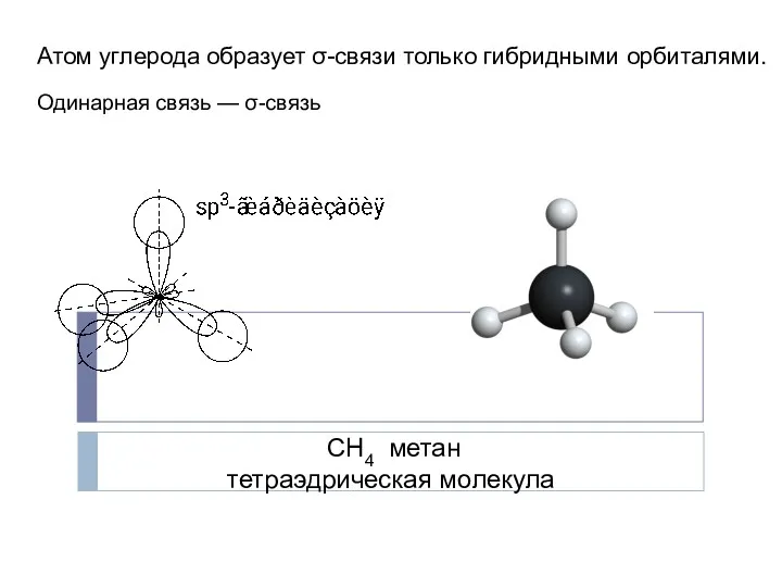 Атом углерода образует σ-связи только гибридными орбиталями. СН4 метан тетраэдрическая молекула Одинарная связь — σ-связь