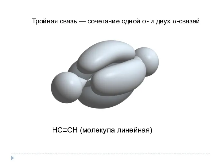 Тройная связь — сочетание одной σ- и двух π-связей НС≡СН (молекула линейная)