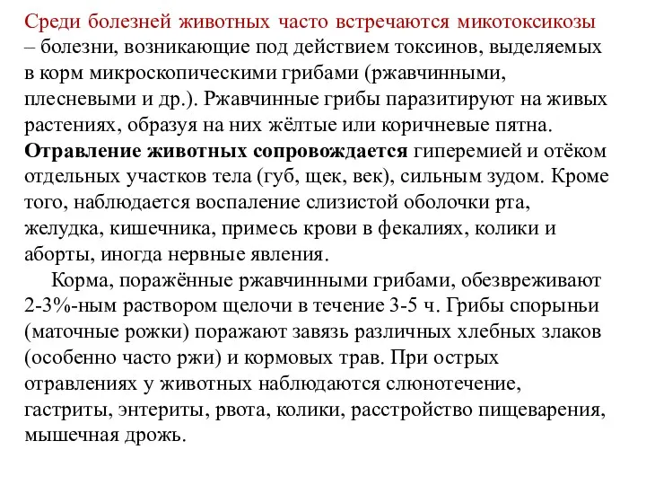 Среди болезней животных часто встречаются микотоксикозы – болезни, возникающие под