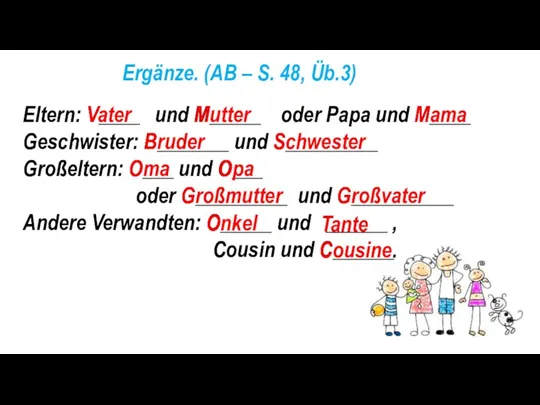 Ergänze. (AB – S. 48, Üb.3) Eltern: V____ und M_____