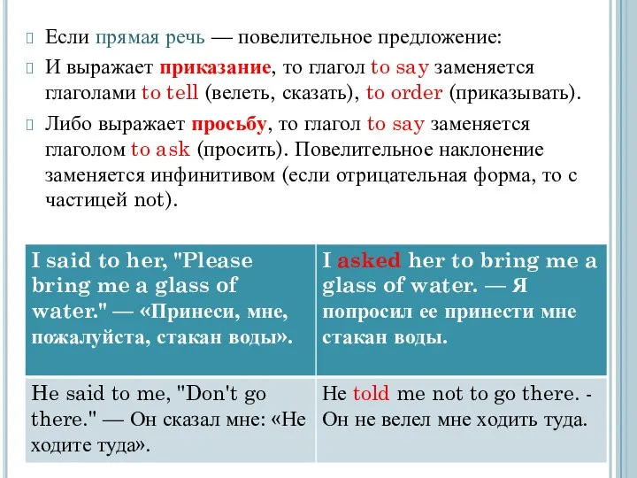 Если прямая речь — повелительное предложение: И выражает приказание, то