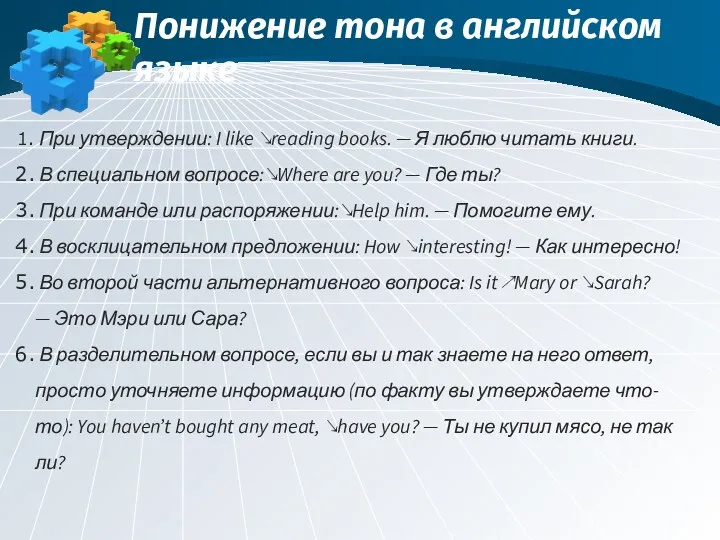 Понижение тона в английском языке При утверждении: I like ↘reading