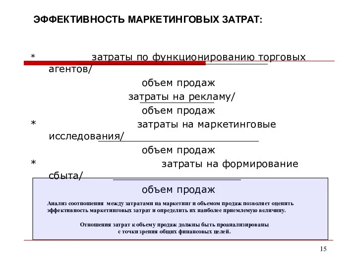 ЭФФЕКТИВНОСТЬ МАРКЕТИНГОВЫХ ЗАТРАТ: * затраты по функционированию торговых агентов/ объем