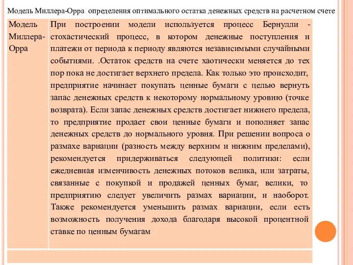 Модель Миллера-Орра определения оптимального остатка денежных средств на расчетном счете