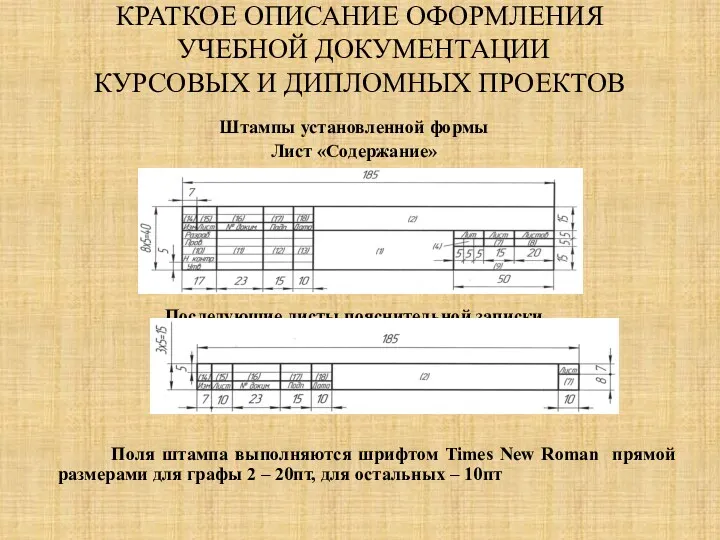 КРАТКОЕ ОПИСАНИЕ ОФОРМЛЕНИЯ УЧЕБНОЙ ДОКУМЕНТАЦИИ КУРСОВЫХ И ДИПЛОМНЫХ ПРОЕКТОВ Штампы