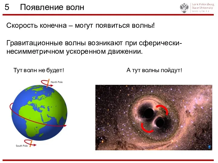 5 Появление волн Скорость конечна – могут появиться волны! Гравитационные волны возникают при