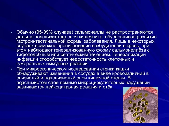 Обычно (95-99% случаев) сальмонеллы не распространяются дальше подслизистого слоя кишечника,