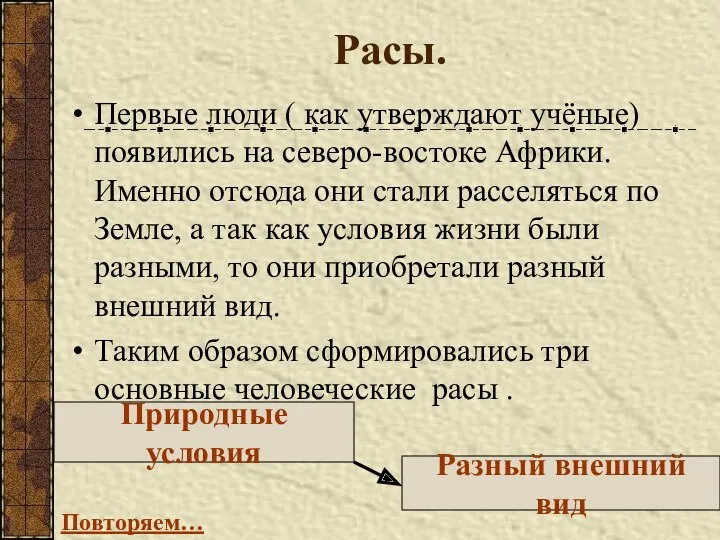 Расы. Первые люди ( как утверждают учёные) появились на северо-востоке Африки. Именно отсюда