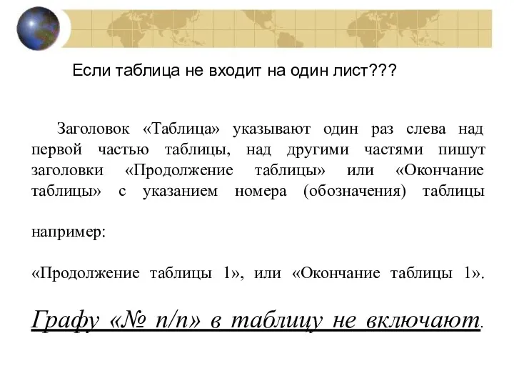 Заголовок «Таблица» указывают один раз слева над первой частью таблицы,